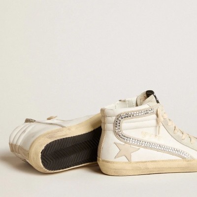 Golden Goose Slide Sneaker With Nude Leather Star And Suede And Swarovski Crystal Flash