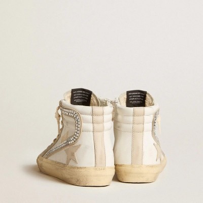 Golden Goose Slide Sneaker With Nude Leather Star And Suede And Swarovski Crystal Flash