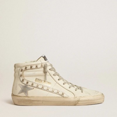 Golden Goose Slide Sneaker With Silver Metallic Leather Star And Leather Flash With Stars Golden Goose Slide Sneaker With Silver Metallic Leather Star And Leather Flash With Stars