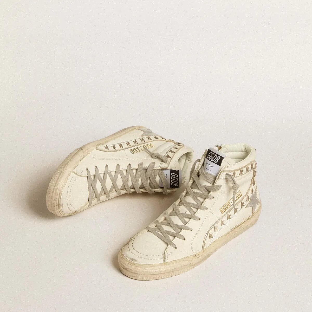 Golden Goose Slide Sneaker With Silver Metallic Leather Star And Leather Flash With Stars Golden Goose Slide Sneaker With Silver Metallic Leather Star And Leather Flash With Stars