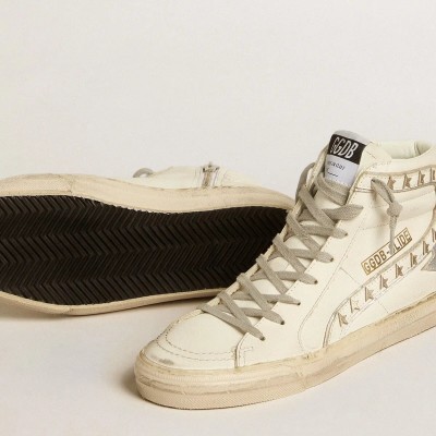 Golden Goose Slide Sneaker With Silver Metallic Leather Star And Leather Flash With Stars Golden Goose Slide Sneaker With Silver Metallic Leather Star And Leather Flash With Stars