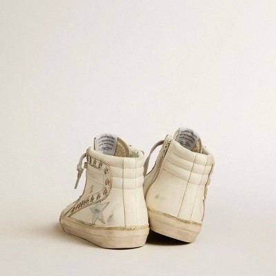 Golden Goose Slide Sneaker With Silver Metallic Leather Star And Leather Flash With Stars Golden Goose Slide Sneaker With Silver Metallic Leather Star And Leather Flash With Stars