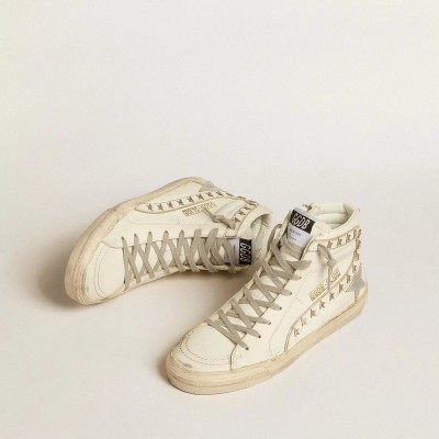 Golden Goose Slide Sneaker With Silver Metallic Leather Star And Leather Flash With Stars Golden Goose Slide Sneaker With Silver Metallic Leather Star And Leather Flash With Stars