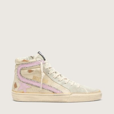Golden Goose Slide Sneaker In Beige With Pink Metallic Leather Star And Flash Golden Goose Slide Sneaker In Beige With Pink Metallic Leather Star And Flash