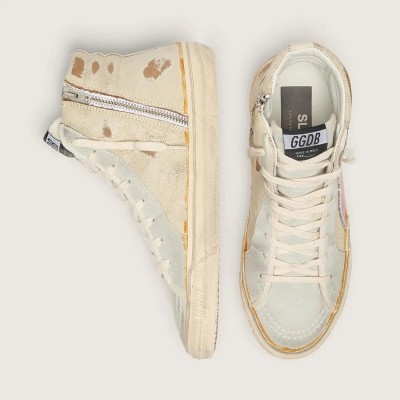 Golden Goose Slide Sneaker In Beige With Pink Metallic Leather Star And Flash Golden Goose Slide Sneaker In Beige With Pink Metallic Leather Star And Flash