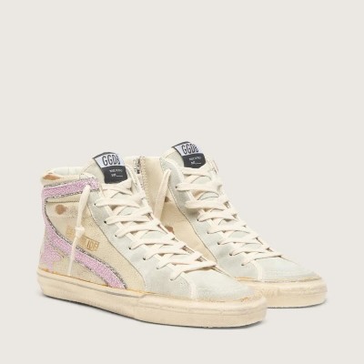 Golden Goose Slide Sneaker In Beige With Pink Metallic Leather Star And Flash Golden Goose Slide Sneaker In Beige With Pink Metallic Leather Star And Flash