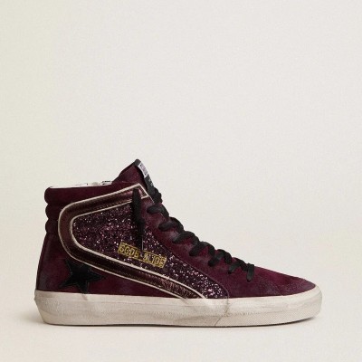 Golden Goose Slide Sneaker In Black Cherry Glitter And Suede With Leather Star And Metallic Leather Flash Golden Goose Slide Sneaker In Black Cherry Glitter And Suede With Leather Star And Metallic Leather Flash