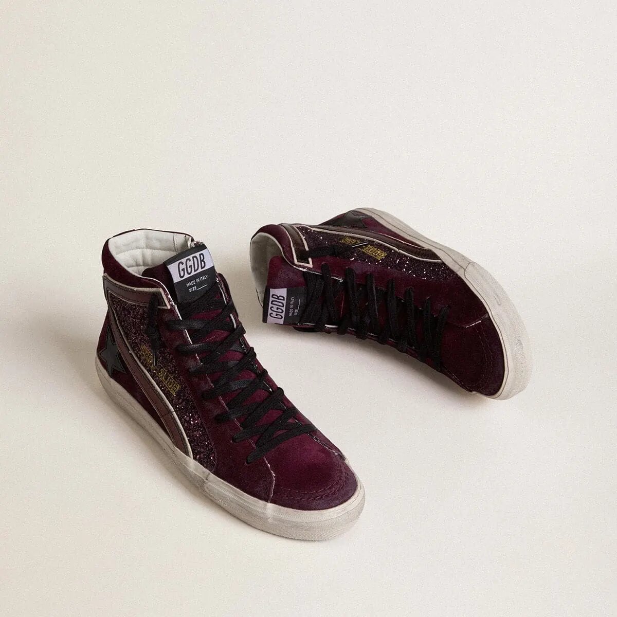 Golden Goose Slide Sneaker In Black Cherry Glitter And Suede With Leather Star And Metallic Leather Flash Golden Goose Slide Sneaker In Black Cherry Glitter And Suede With Leather Star And Metallic Leather Flash