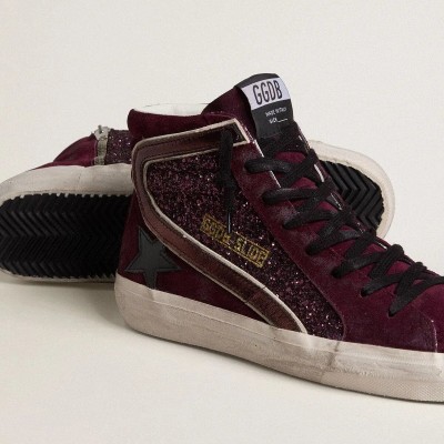 Golden Goose Slide Sneaker In Black Cherry Glitter And Suede With Leather Star And Metallic Leather Flash Golden Goose Slide Sneaker In Black Cherry Glitter And Suede With Leather Star And Metallic Leather Flash