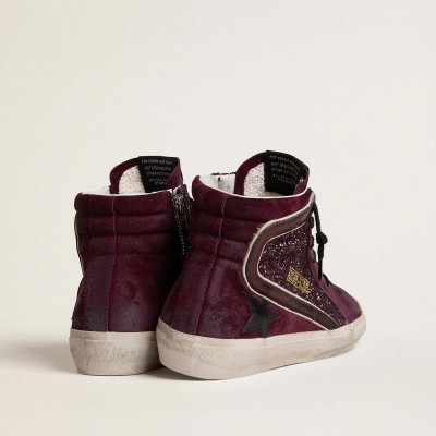 Golden Goose Slide Sneaker In Black Cherry Glitter And Suede With Leather Star And Metallic Leather Flash Golden Goose Slide Sneaker In Black Cherry Glitter And Suede With Leather Star And Metallic Leather Flash