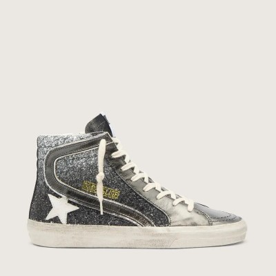 Golden Goose Slide Sneaker In Black And Silver Glitter With Leather Star And Metallic Flash Golden Goose Slide Sneaker In Black And Silver Glitter With Leather Star And Metallic Flash