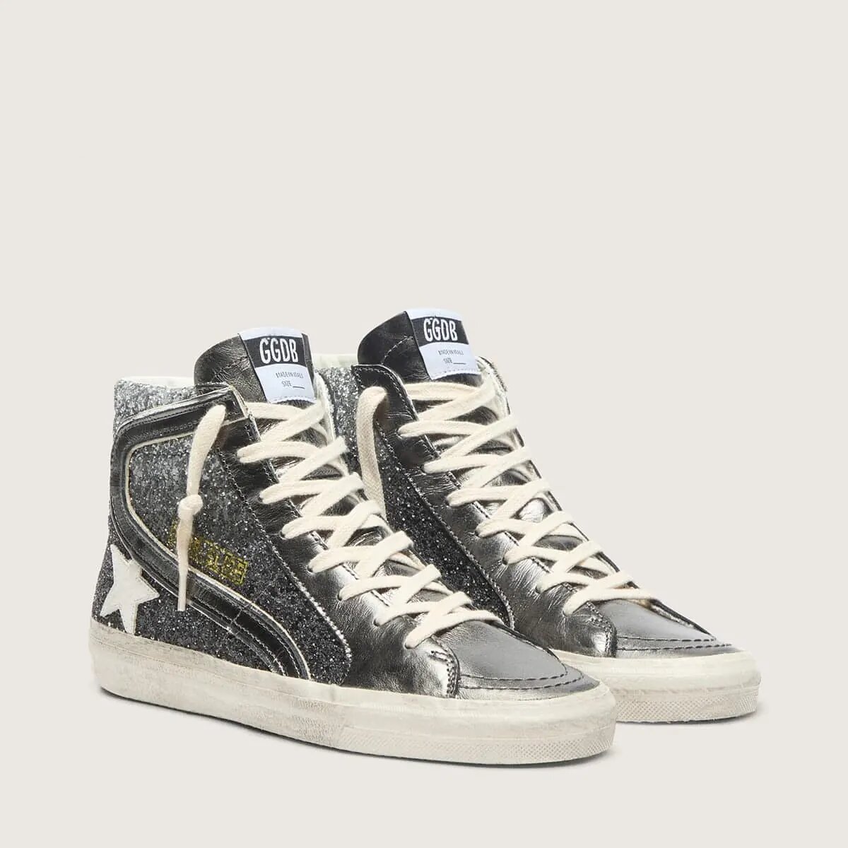 Golden Goose Slide Sneaker In Black And Silver Glitter With Leather Star And Metallic Flash Golden Goose Slide Sneaker In Black And Silver Glitter With Leather Star And Metallic Flash