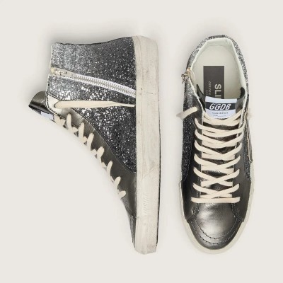 Golden Goose Slide Sneaker In Black And Silver Glitter With Leather Star And Metallic Flash Golden Goose Slide Sneaker In Black And Silver Glitter With Leather Star And Metallic Flash