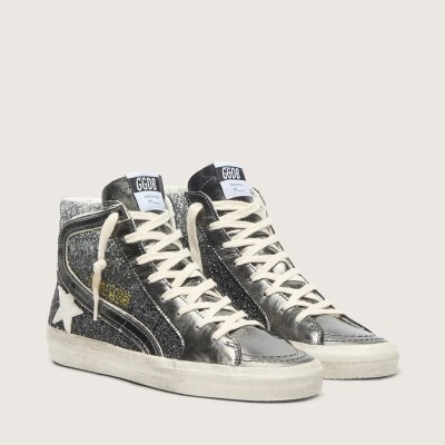 Golden Goose Slide Sneaker In Black And Silver Glitter With Leather Star And Metallic Flash Golden Goose Slide Sneaker In Black And Silver Glitter With Leather Star And Metallic Flash