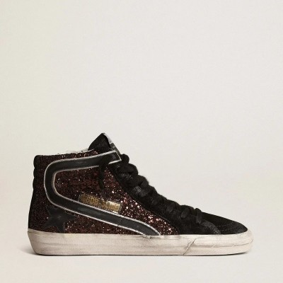 Golden Goose Slide Sneaker In Brown Glitter With Black Leather Star And Flash Golden Goose Slide Sneaker In Brown Glitter With Black Leather Star And Flash