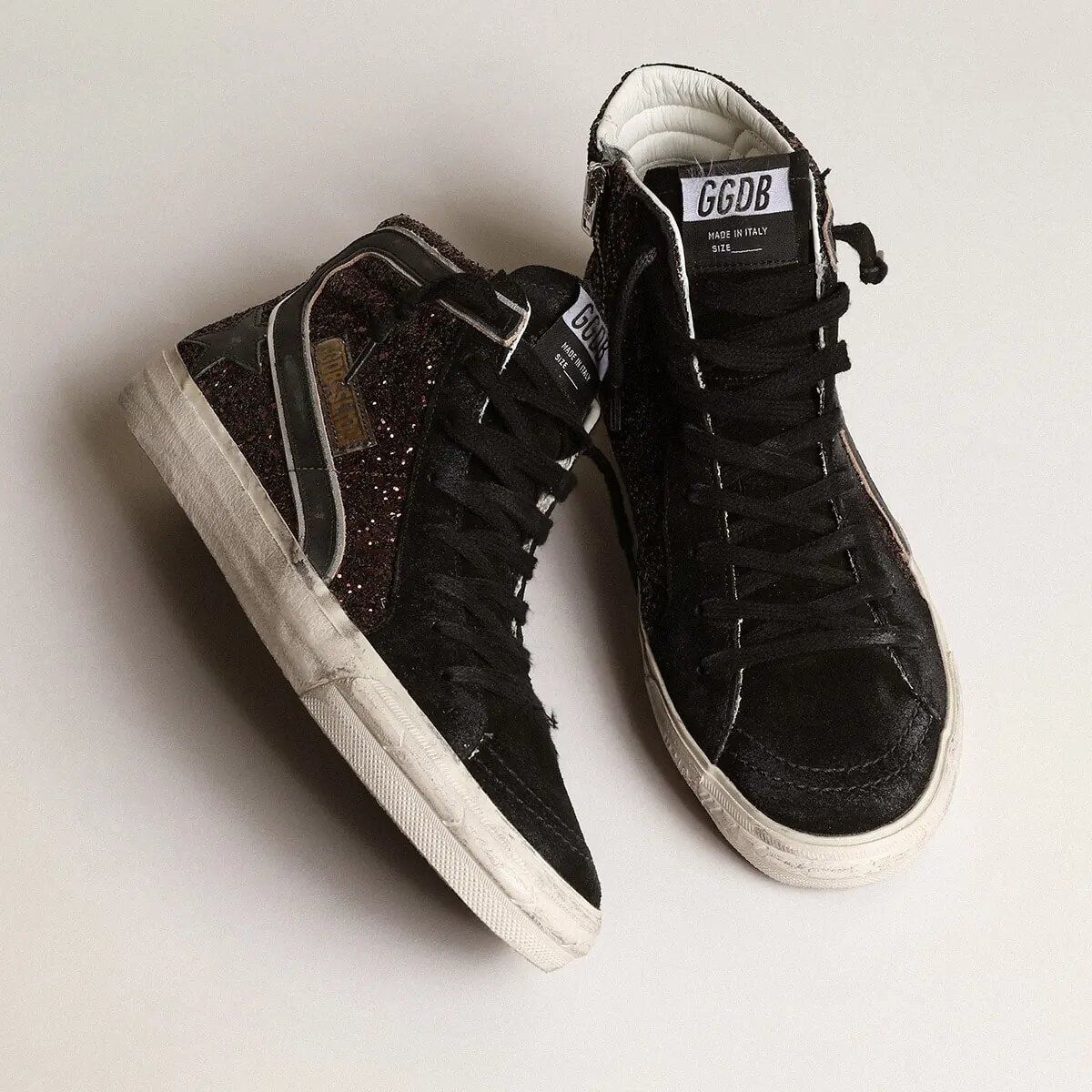 Golden Goose Slide Sneaker In Brown Glitter With Black Leather Star And Flash Golden Goose Slide Sneaker In Brown Glitter With Black Leather Star And Flash
