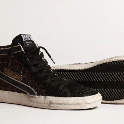 Golden Goose Slide Sneaker In Brown Glitter With Black Leather Star And Flash Golden Goose Slide Sneaker In Brown Glitter With Black Leather Star And Flash