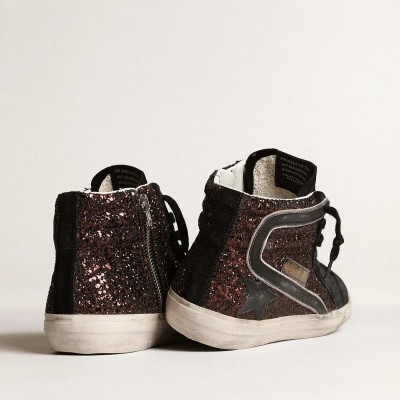 Golden Goose Slide Sneaker In Brown Glitter With Black Leather Star And Flash Golden Goose Slide Sneaker In Brown Glitter With Black Leather Star And Flash