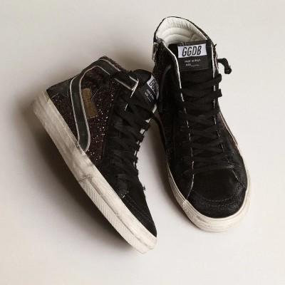 Golden Goose Slide Sneaker In Brown Glitter With Black Leather Star And Flash Golden Goose Slide Sneaker In Brown Glitter With Black Leather Star And Flash