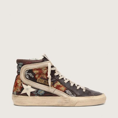 Golden Goose Slide Sneaker In Ebony Leather With Cream Star And Multicolor Embroidery