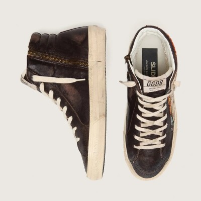 Golden Goose Slide Sneaker In Ebony Leather With Cream Star And Multicolor Embroidery