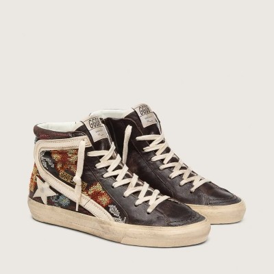 Golden Goose Slide Sneaker In Ebony Leather With Cream Star And Multicolor Embroidery Golden Goose Slide Sneaker In Ebony Leather With Cream Star And Multicolor Embroidery