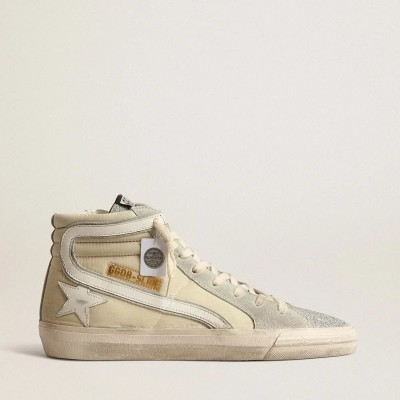 Golden Goose Slide Sneaker In Ivory Nylon With White Leather Star And Swaroski Tongue Golden Goose Slide Sneaker In Ivory Nylon With White Leather Star And Swaroski Tongue