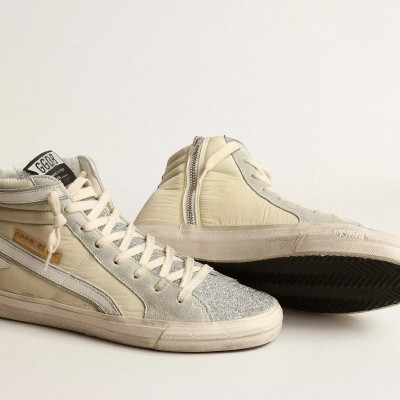 Golden Goose Slide Sneaker In Ivory Nylon With White Leather Star And Swaroski Tongue Golden Goose Slide Sneaker In Ivory Nylon With White Leather Star And Swaroski Tongue