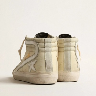 Golden Goose Slide Sneaker In Ivory Nylon With White Leather Star And Swaroski Tongue Golden Goose Slide Sneaker In Ivory Nylon With White Leather Star And Swaroski Tongue