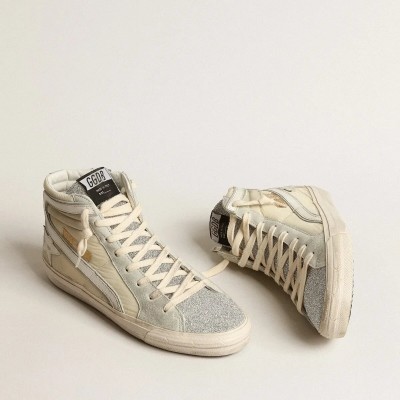 Golden Goose Slide Sneaker In Ivory Nylon With White Leather Star And Swaroski Tongue Golden Goose Slide Sneaker In Ivory Nylon With White Leather Star And Swaroski Tongue