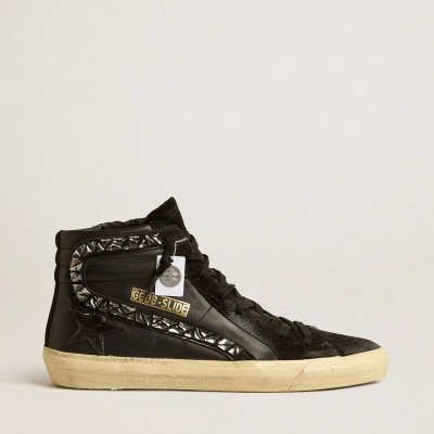 Golden Goose Slide Sneaker In Leather With Black Star And Swarovski Crystal Flash Golden Goose Slide Sneaker In Leather With Black Star And Swarovski Crystal Flash