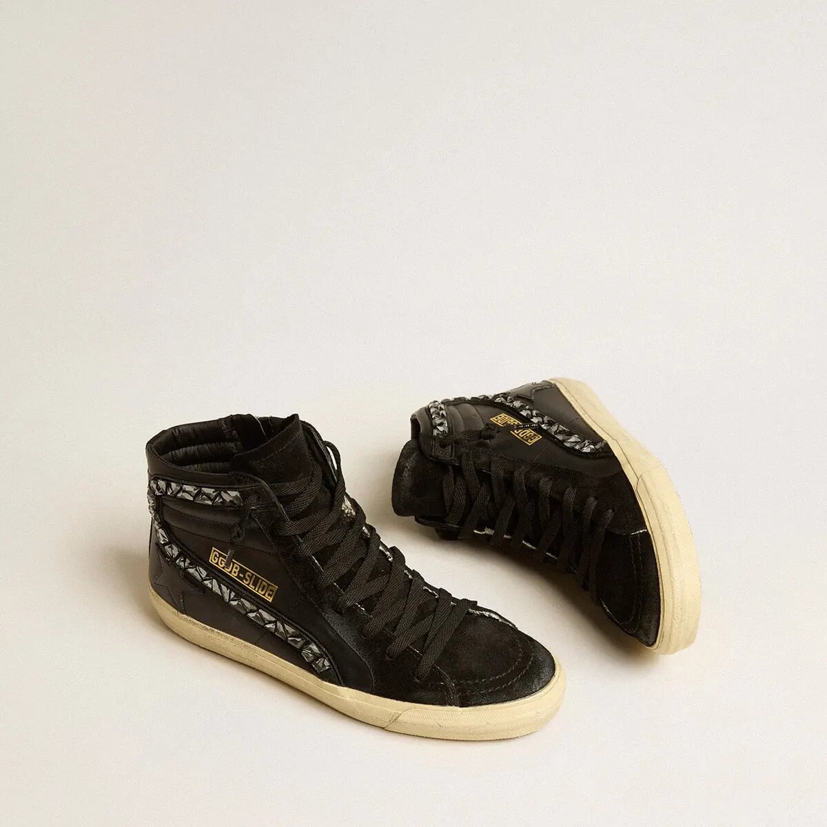 Golden Goose Slide Sneaker In Leather With Black Star And Swarovski Crystal Flash Golden Goose Slide Sneaker In Leather With Black Star And Swarovski Crystal Flash
