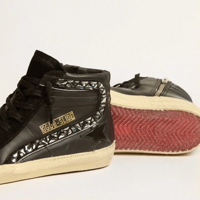 Golden Goose Slide Sneaker In Leather With Black Star And Swarovski Crystal Flash Golden Goose Slide Sneaker In Leather With Black Star And Swarovski Crystal Flash