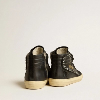 Golden Goose Slide Sneaker In Leather With Black Star And Swarovski Crystal Flash Golden Goose Slide Sneaker In Leather With Black Star And Swarovski Crystal Flash