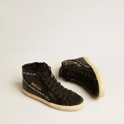 Golden Goose Slide Sneaker In Leather With Black Star And Swarovski Crystal Flash Golden Goose Slide Sneaker In Leather With Black Star And Swarovski Crystal Flash