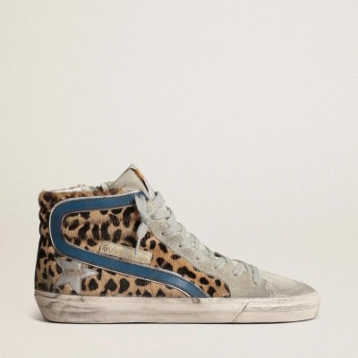 Golden Goose Slide Sneaker In Leopard Print Pony Skin With Silver Leather Star Golden Goose Slide Sneaker In Leopard Print Pony Skin With Silver Leather Star