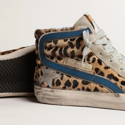 Golden Goose Slide Sneaker In Leopard Print Pony Skin With Silver Leather Star Golden Goose Slide Sneaker In Leopard Print Pony Skin With Silver Leather Star