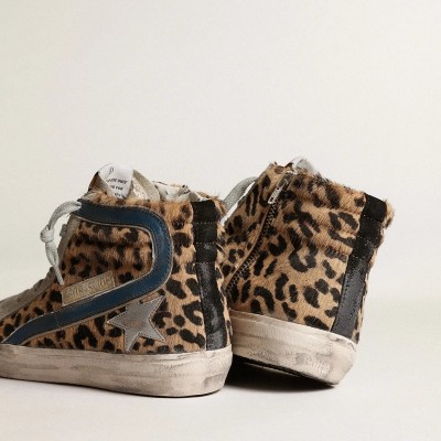Golden Goose Slide Sneaker In Leopard Print Pony Skin With Silver Leather Star Golden Goose Slide Sneaker In Leopard Print Pony Skin With Silver Leather Star