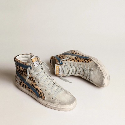 Golden Goose Slide Sneaker In Leopard Print Pony Skin With Silver Leather Star Golden Goose Slide Sneaker In Leopard Print Pony Skin With Silver Leather Star