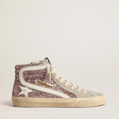 Golden Goose Slide Sneaker In Lilac Glitter With White Leather Star And Flash Golden Goose Slide Sneaker In Lilac Glitter With White Leather Star And Flash