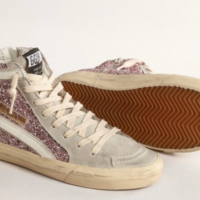 Golden Goose Slide Sneaker In Lilac Glitter With White Leather Star And Flash Golden Goose Slide Sneaker In Lilac Glitter With White Leather Star And Flash