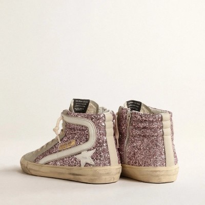 Golden Goose Slide Sneaker In Lilac Glitter With White Leather Star And Flash Golden Goose Slide Sneaker In Lilac Glitter With White Leather Star And Flash