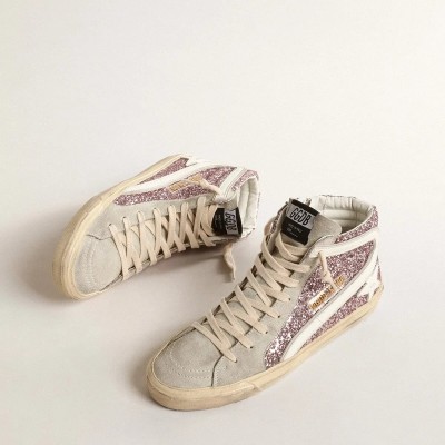 Golden Goose Slide Sneaker In Lilac Glitter With White Leather Star And Flash Golden Goose Slide Sneaker In Lilac Glitter With White Leather Star And Flash