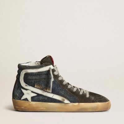 Golden Goose Slide Sneaker In Midnight-Blue Denim With White Leather Star Golden Goose Slide Sneaker In Midnight-Blue Denim With White Leather Star