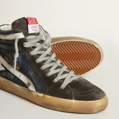 Golden Goose Slide Sneaker In Midnight-Blue Denim With White Leather Star Golden Goose Slide Sneaker In Midnight-Blue Denim With White Leather Star