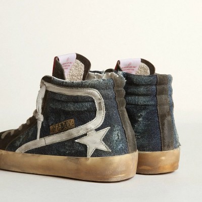 Golden Goose Slide Sneaker In Midnight-Blue Denim With White Leather Star Golden Goose Slide Sneaker In Midnight-Blue Denim With White Leather Star
