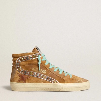 Golden Goose Slide Sneaker In Ocher-Colored Suede With Tobacco-Colored Leather Star Golden Goose Slide Sneaker In Ocher-Colored Suede With Tobacco-Colored Leather Star