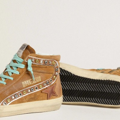 Golden Goose Slide Sneaker In Ocher-Colored Suede With Tobacco-Colored Leather Star Golden Goose Slide Sneaker In Ocher-Colored Suede With Tobacco-Colored Leather Star