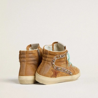 Golden Goose Slide Sneaker In Ocher-Colored Suede With Tobacco-Colored Leather Star Golden Goose Slide Sneaker In Ocher-Colored Suede With Tobacco-Colored Leather Star