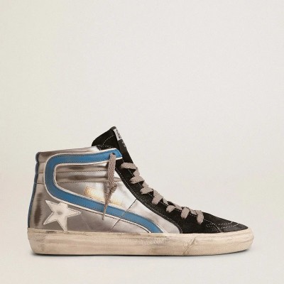 Golden Goose Slide Sneaker In Silver Metallic Leather With White Leather Star Golden Goose Slide Sneaker In Silver Metallic Leather With White Leather Star